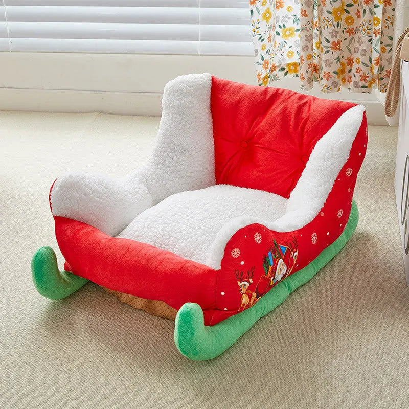 Red and cream Christmas cat nest cave bed with soft cloth fabric in 63x45x33cm size