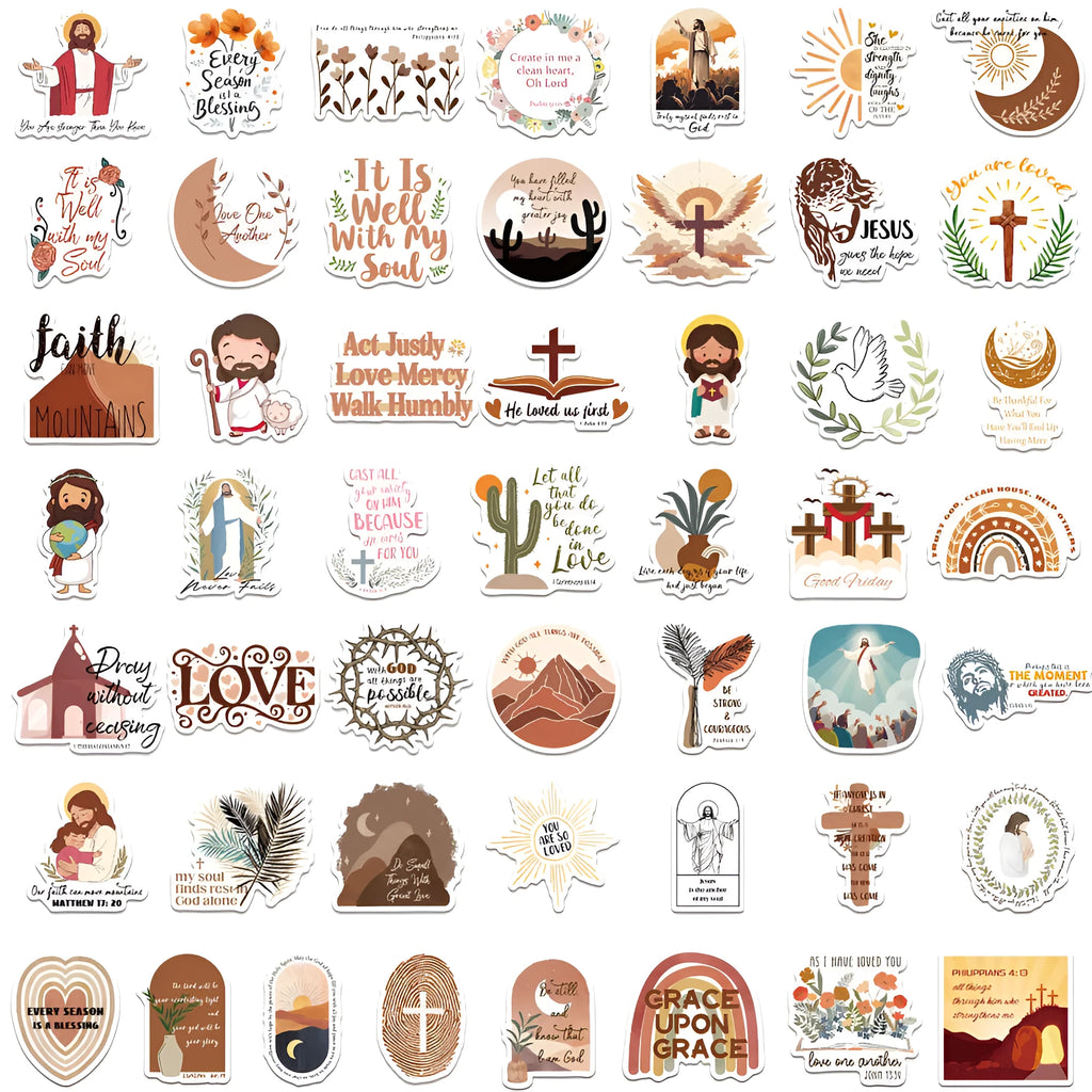 Assortment of 50 colourful printed graffiti-style vinyl stickers for personalising laptops and skateboards.