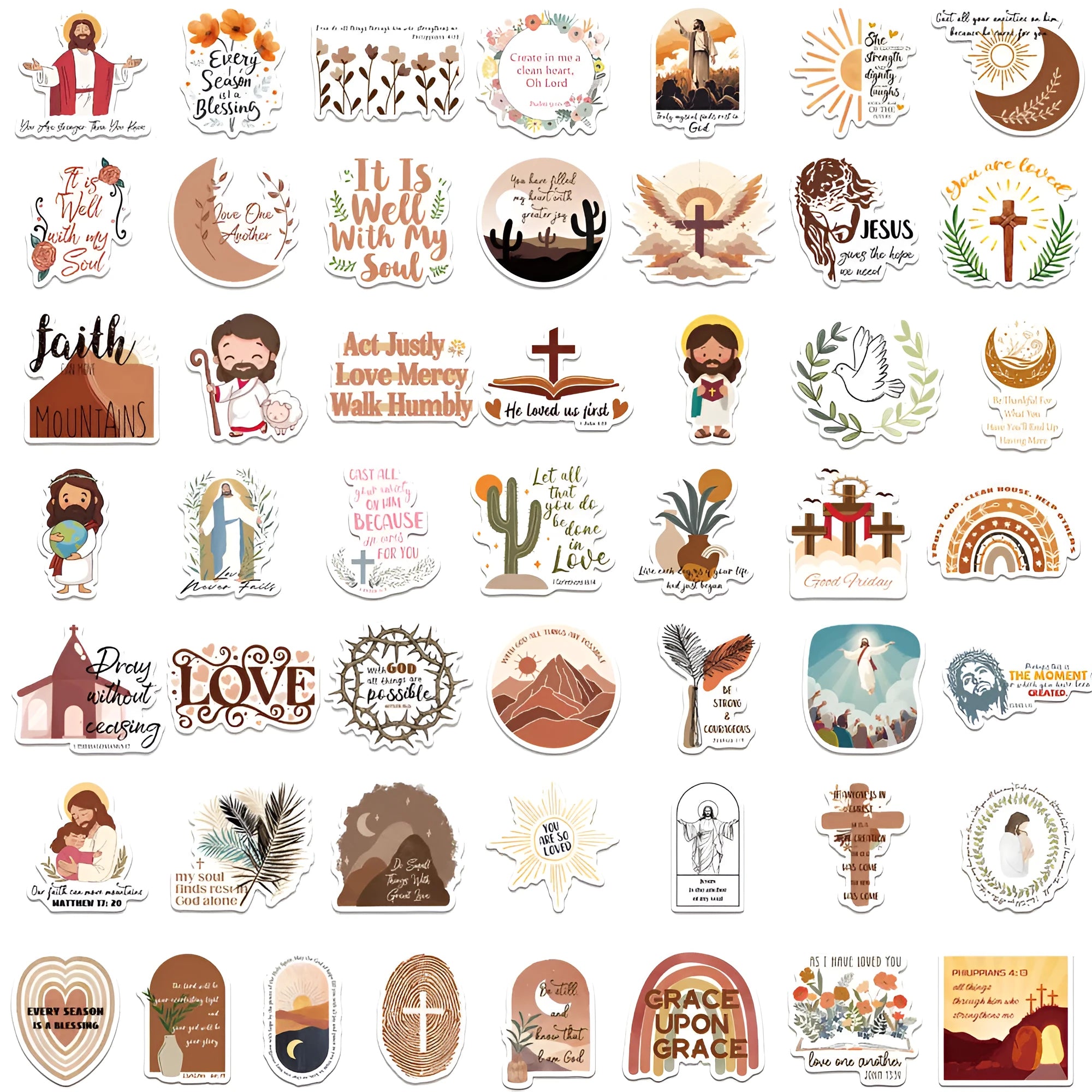 Assortment of 50 colourful printed graffiti-style vinyl stickers for personalising laptops and skateboards.