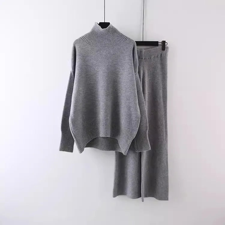 Women's casual acrylic sweater and wide leg trousers two-piece set in solid colour