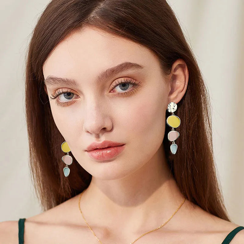 Morandi three-colour oil-drip vintage disc earrings with wafer design