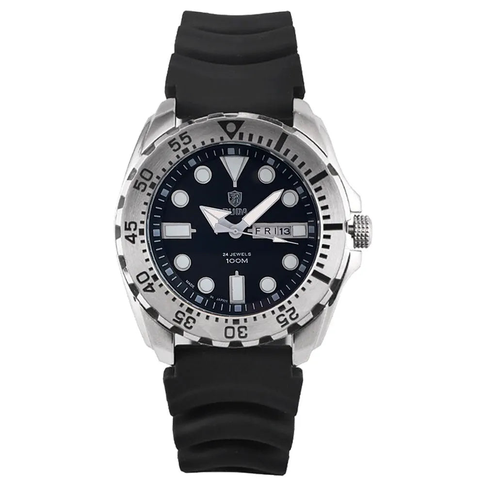 Men's waterproof luminous quartz watch with blue case and steel strap showing sporty 15mm design