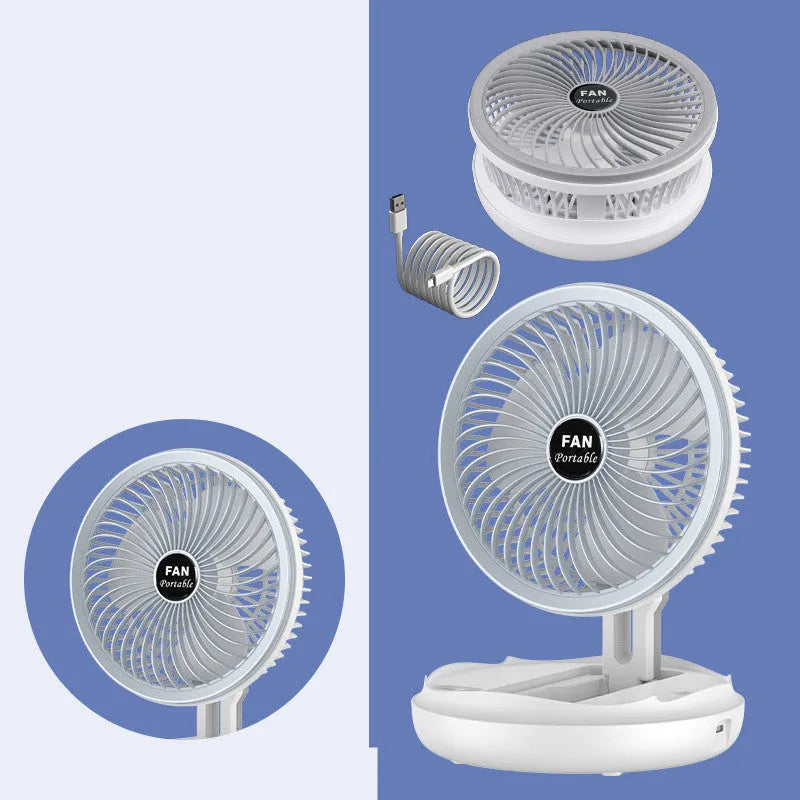 Blue or grey foldable USB fan with LED light showing 300° rotation and multiple mounting options