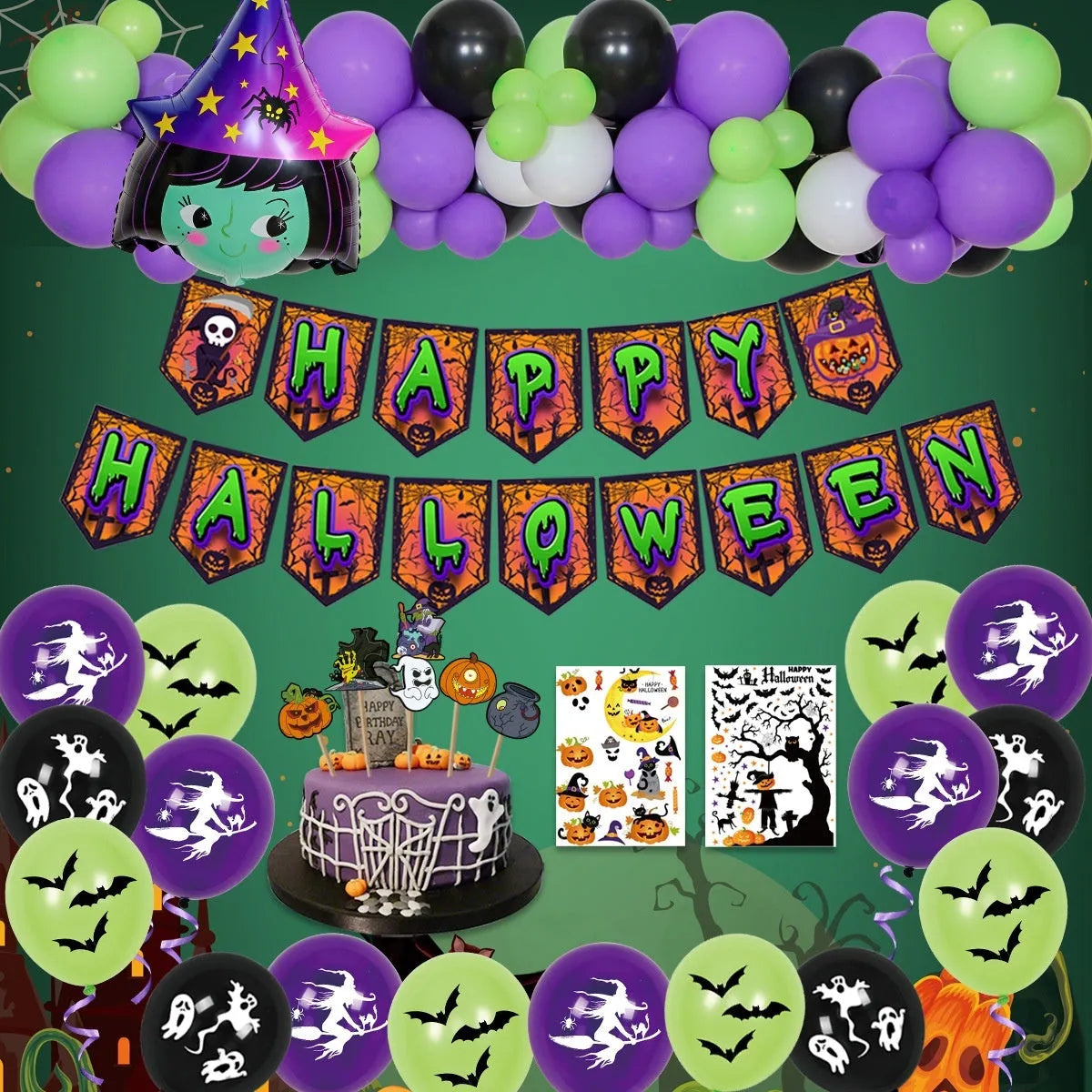 Halloween spider balloon arch decoration set with black and white latex skull and pumpkin designs
