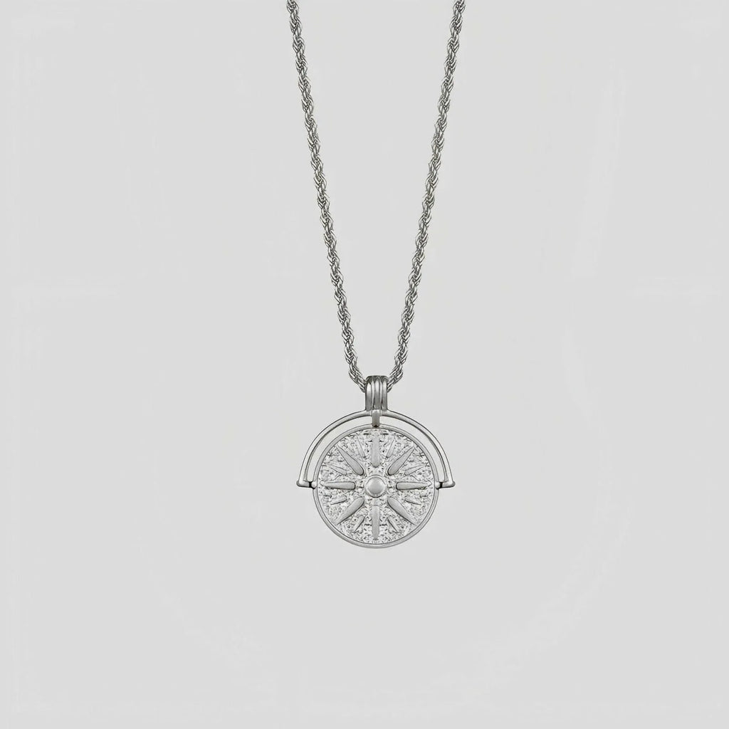 Gold titanium steel sunflower pendant necklace with geometric star embossing on adjustable hemp chain.