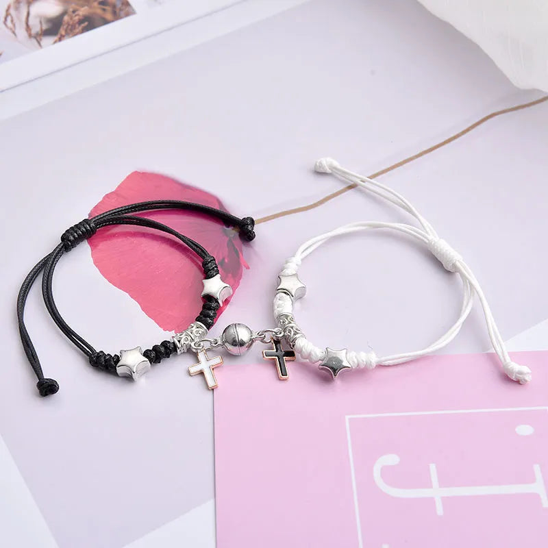 Electroplated alloy suction cup couple bracelets with crown and diamond designs
