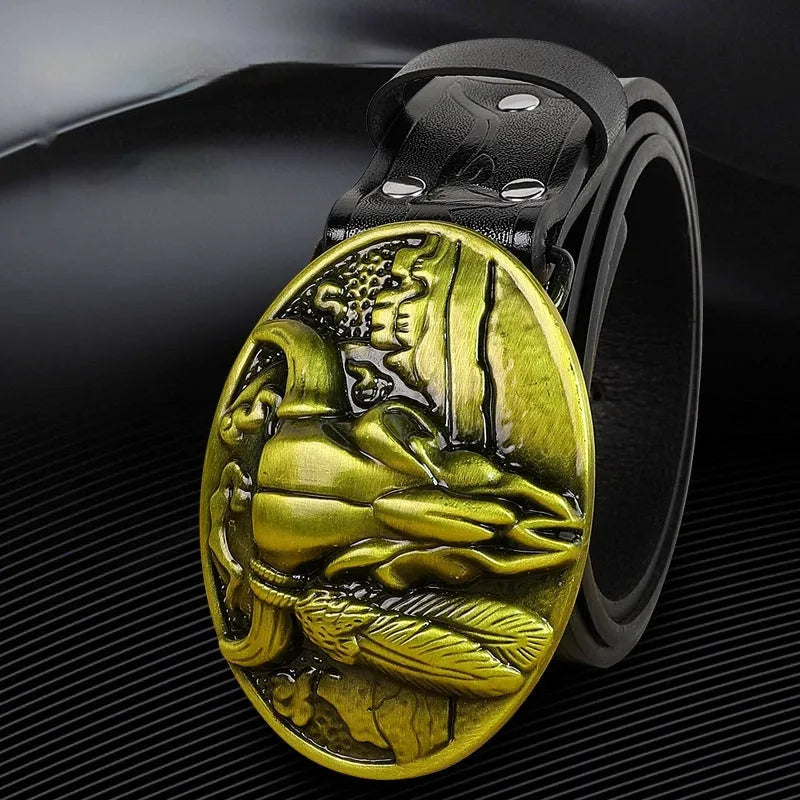 Men's black imitation leather belt with a metallic alloy cow head buckle and pin buckle fastening