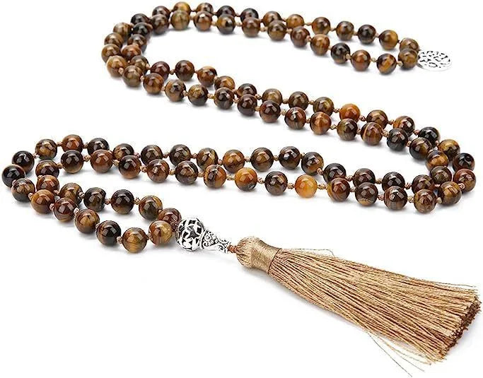 Handmade knotted natural stone bead necklace with 8mm beads in one of 12 colour options.