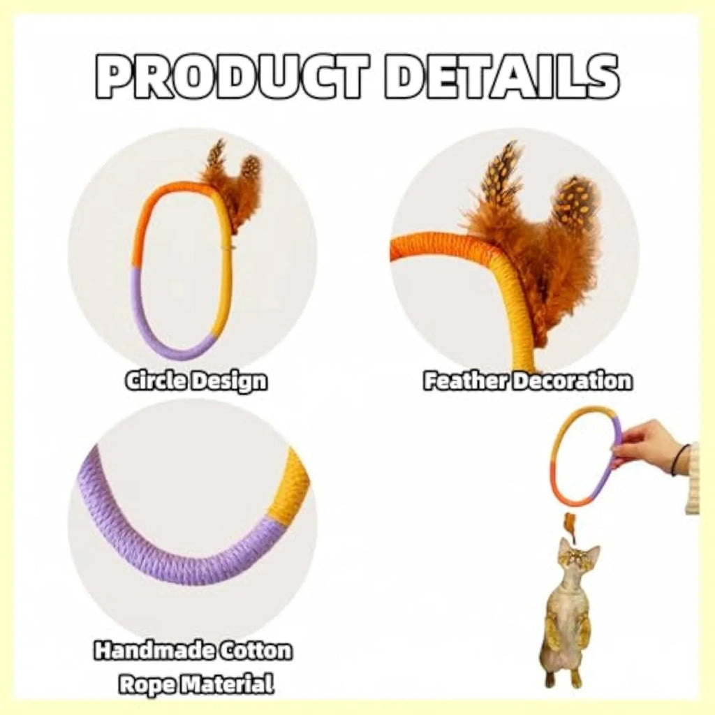 Green cotton rope cat toy with feathers and catnip for safe chewing and interactive play