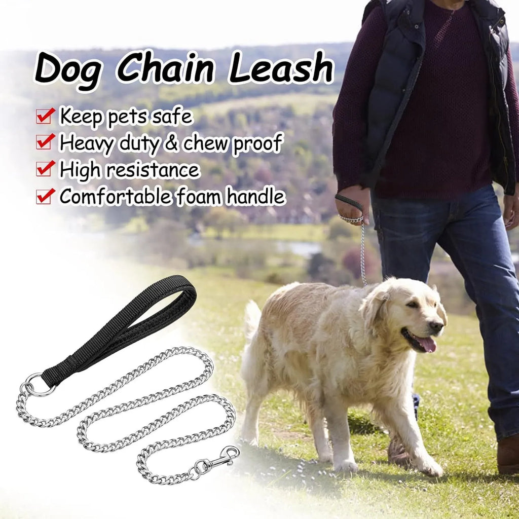 Heavy duty metal dog leash chain with a soft black padded handle