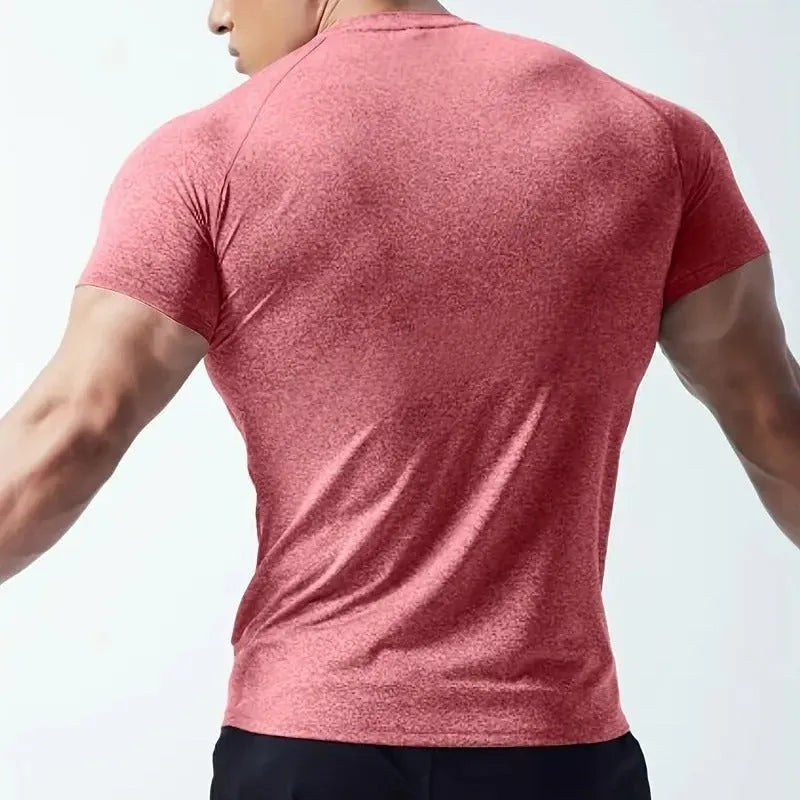 Men's grey quick-dry stretch running t-shirt on a hanger.