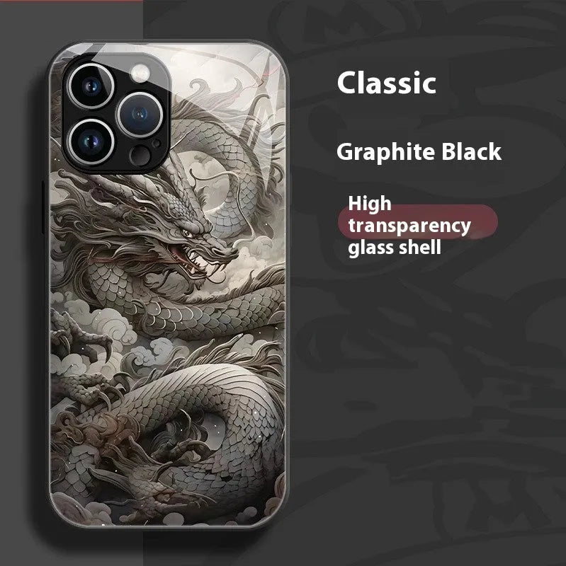 Graphite Black glass hard phone case with painted Chinese dragon design for Apple iPhone
