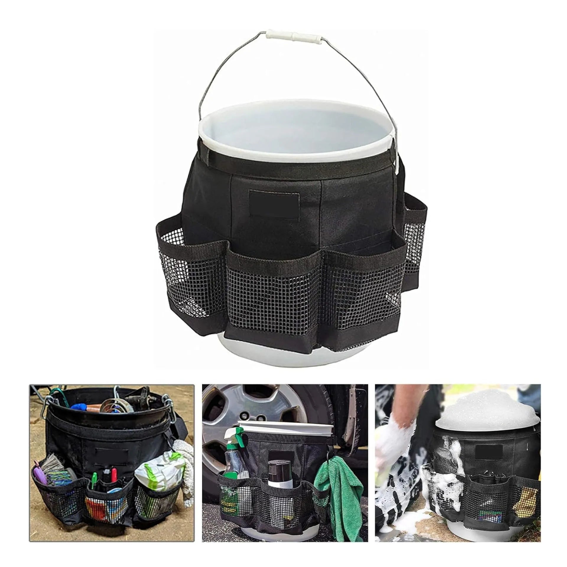 Black cylindrical polyester storage bag hanging on a 5-gallon barrel for outdoor tool organisation.