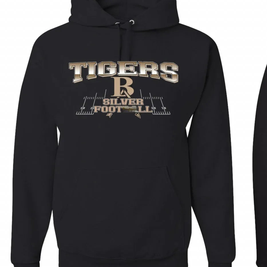 Black drop-shoulder sleeve pullover hoodie on a hanger, simple collar-less design.