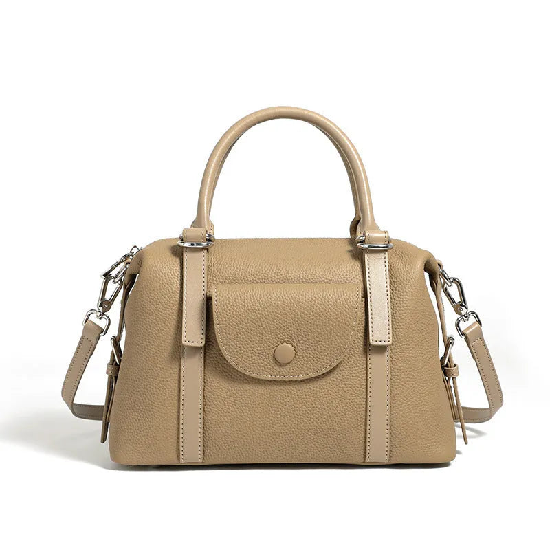 Genuine leather ladies handbag with contrast stitching and metal lock detail