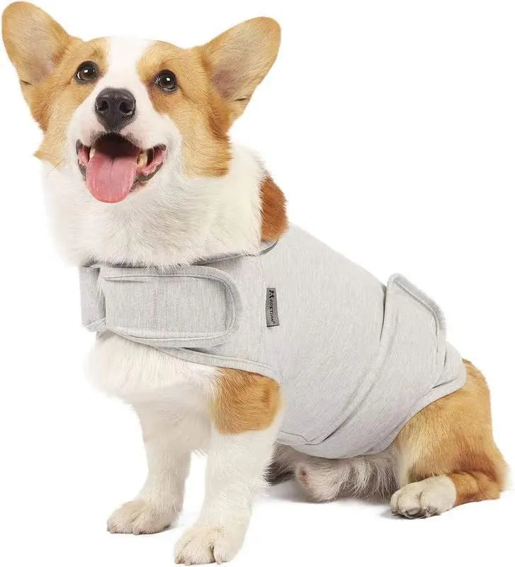 Brown brocade cotton dog tank top for anxiety relief shown on a pet