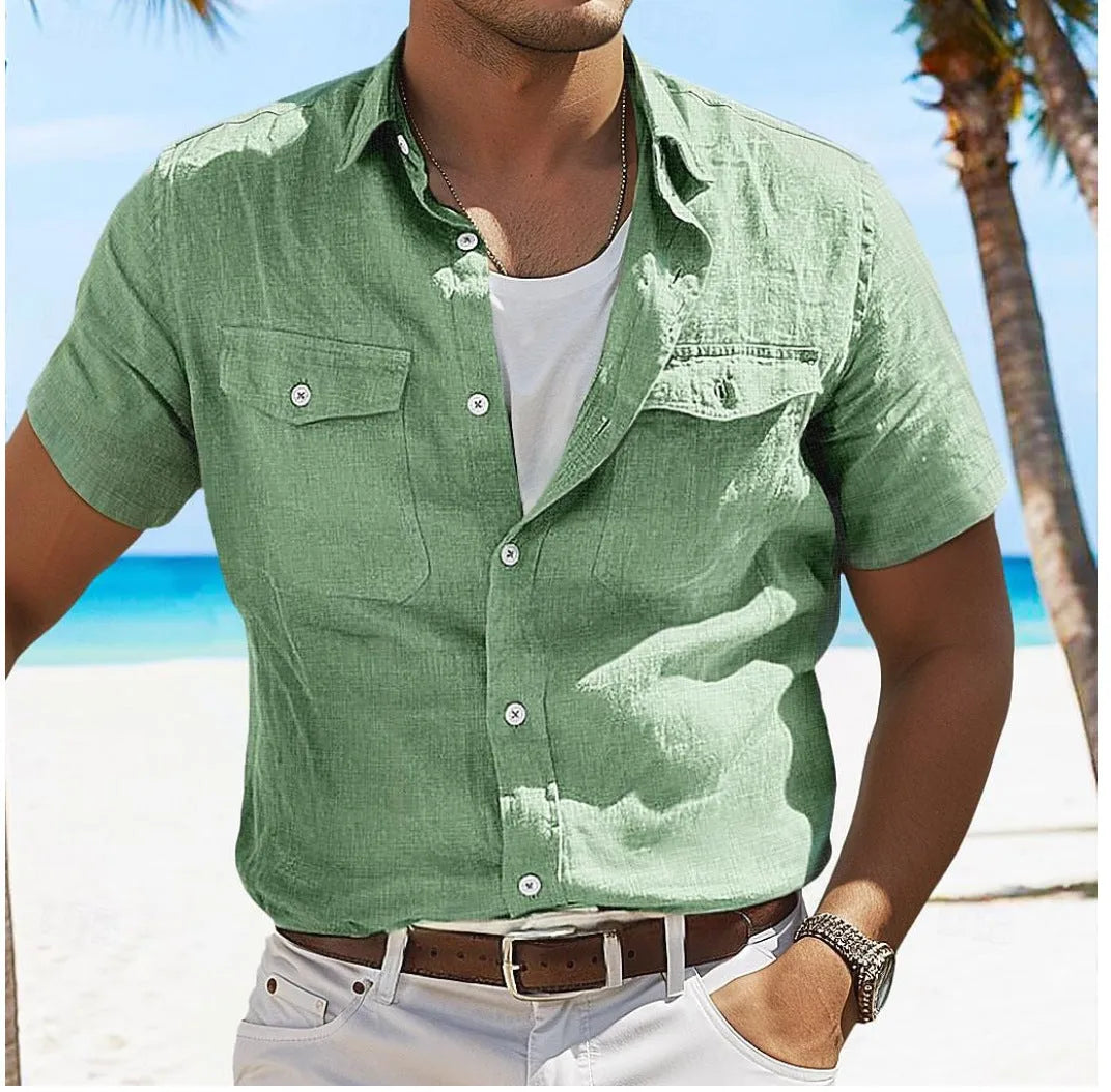 Men's linen cotton summer shirt in loose fit design with cardigan-style polo collar and long sleeves