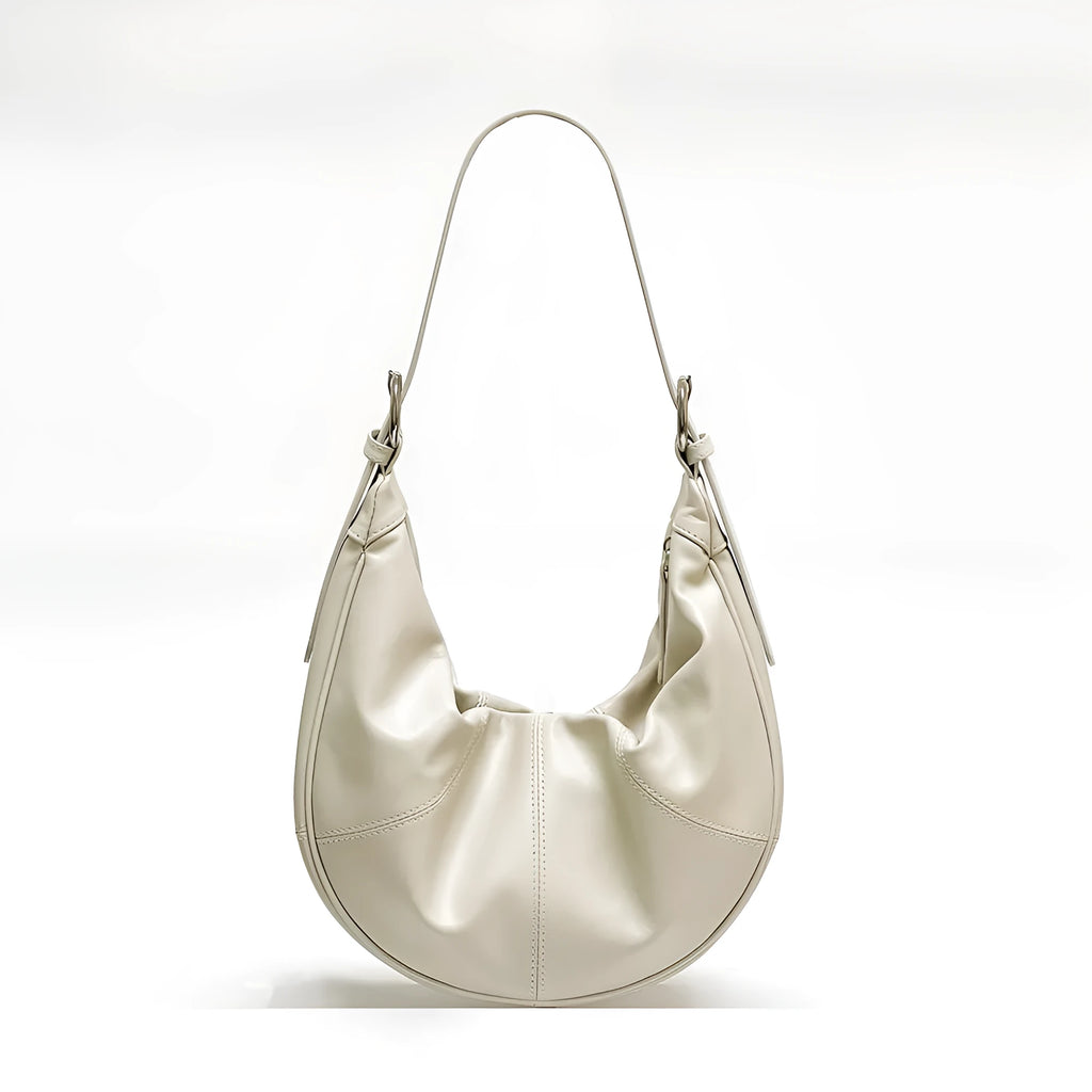 Women's soft cowhide leather shoulder bag in dumpling shape with sandwich pockets and double straps