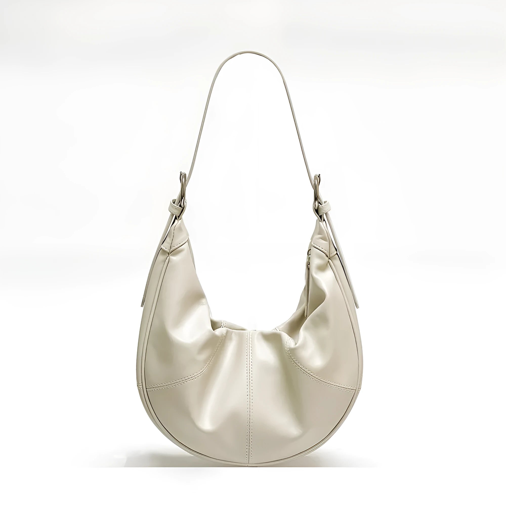 Women's soft cowhide leather shoulder bag in dumpling shape with sandwich pockets and double straps