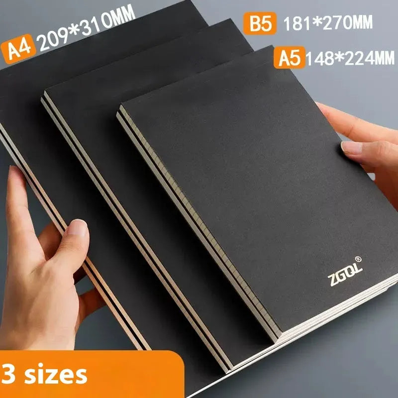 Set of writing pads in A5, B5, and A4 sizes showing blank, grid, and horizontal line page rulings.