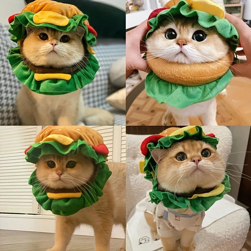 Cat wearing an adjustable burger-shaped conical headdress collar on a strap
