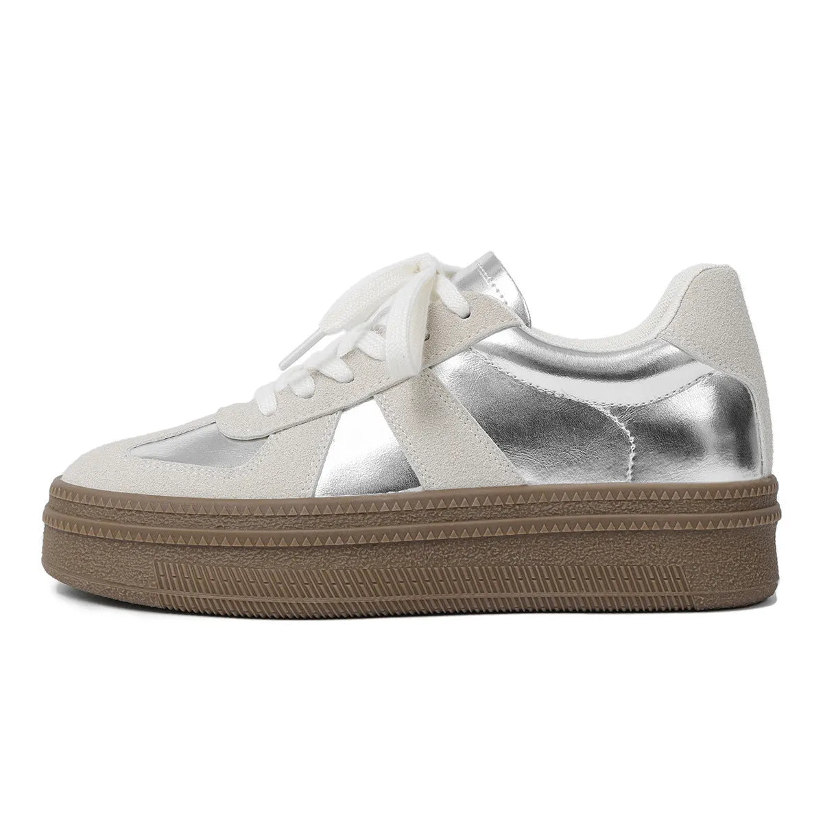 Retro round toe board shoes in matte finish with cross straps and front laces, shown in milky white and silver.