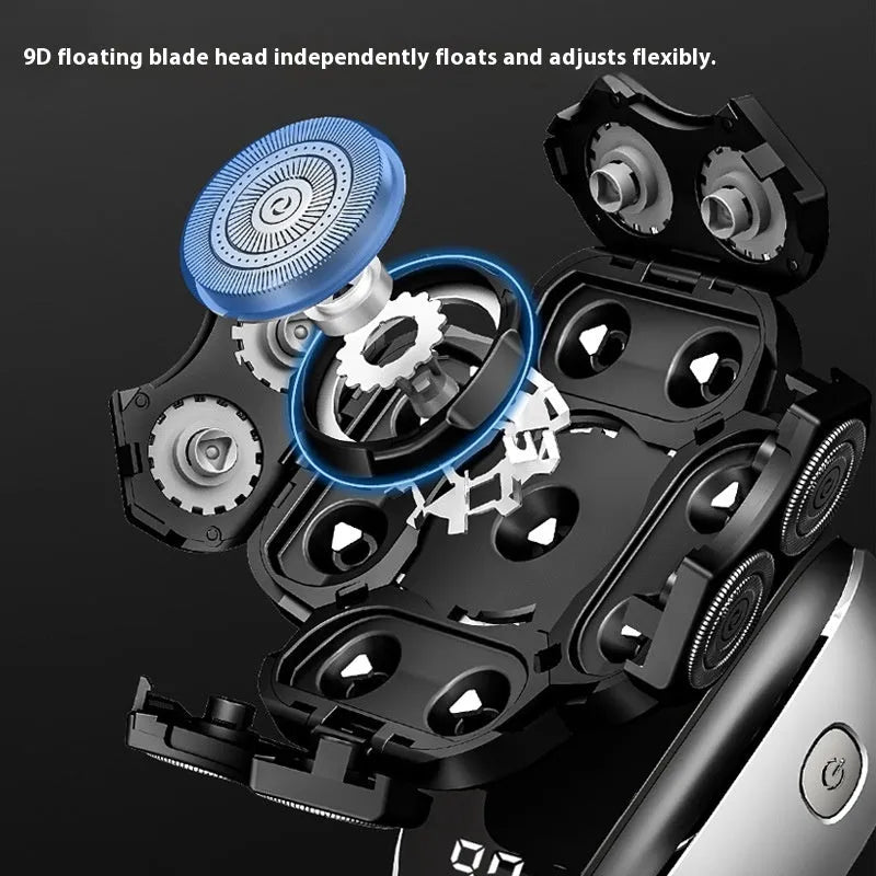 Black 6-in-1 multifunctional rechargeable hair clipper and shaver kit with attachments on a white background.