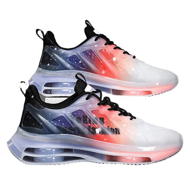 Men's black and green platform running shoes with mesh upper and rubber sole on a white background.
