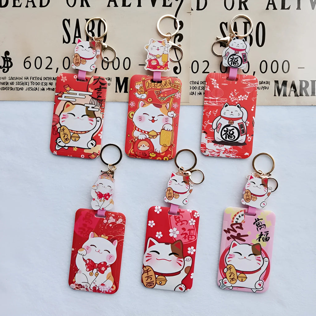 Lucky Cat cartoon design plastic certificate sleeve and matching ferrule pendant gift set.