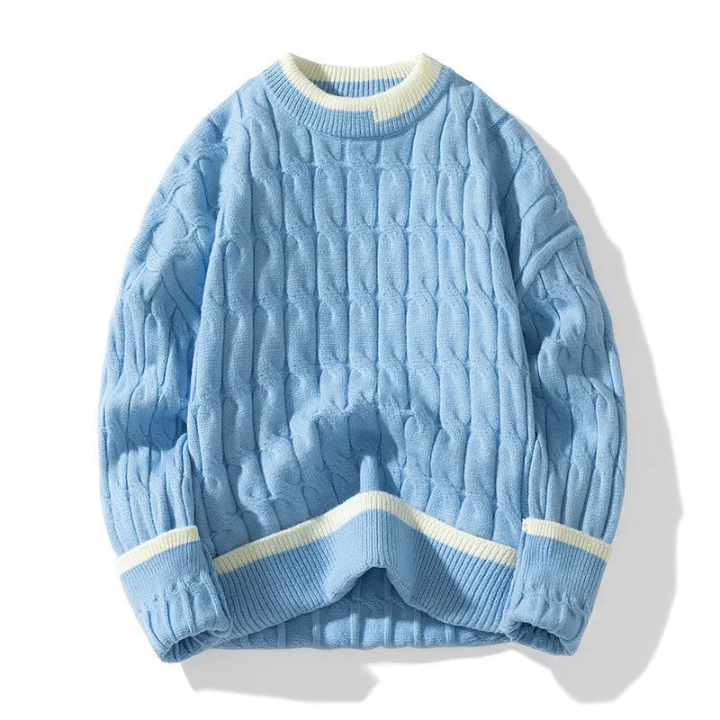 Men's loose fit modal acrylic two-piece jumper set in light blue, showing pullover and trousers.