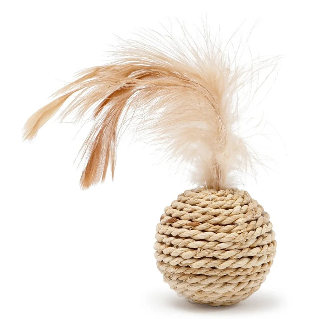 Cat toy set showing rattan ball and faux feather ball with bell for interactive play