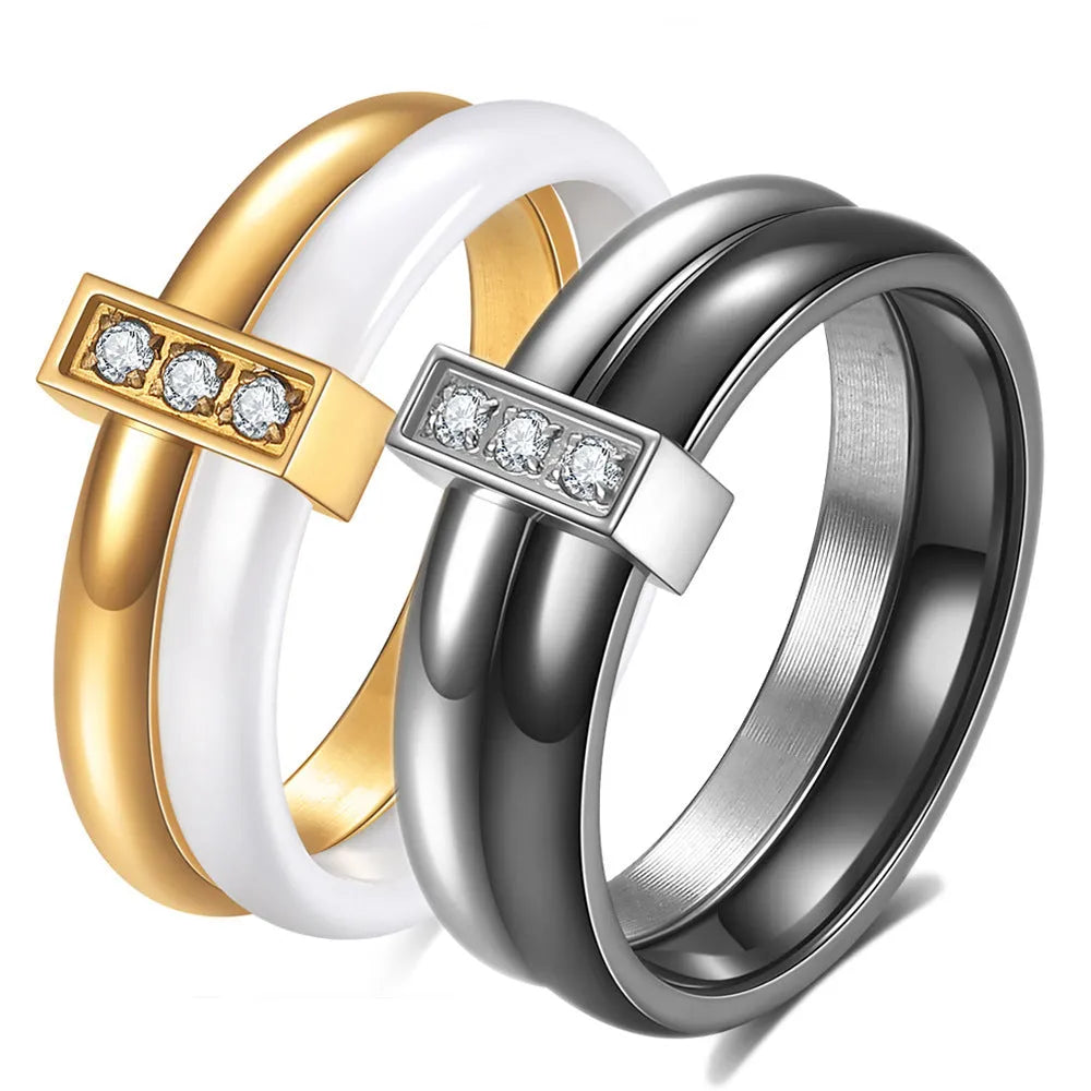 Ceramic ring with zirconium inlay in steel black or gold white colour