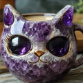 Purple geode cat mug with crystal design, synthetic resin construction, 11cm height