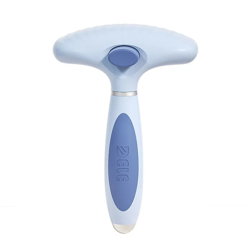 Stainless steel double-row dog grooming comb in azure light blue colour for hair removal