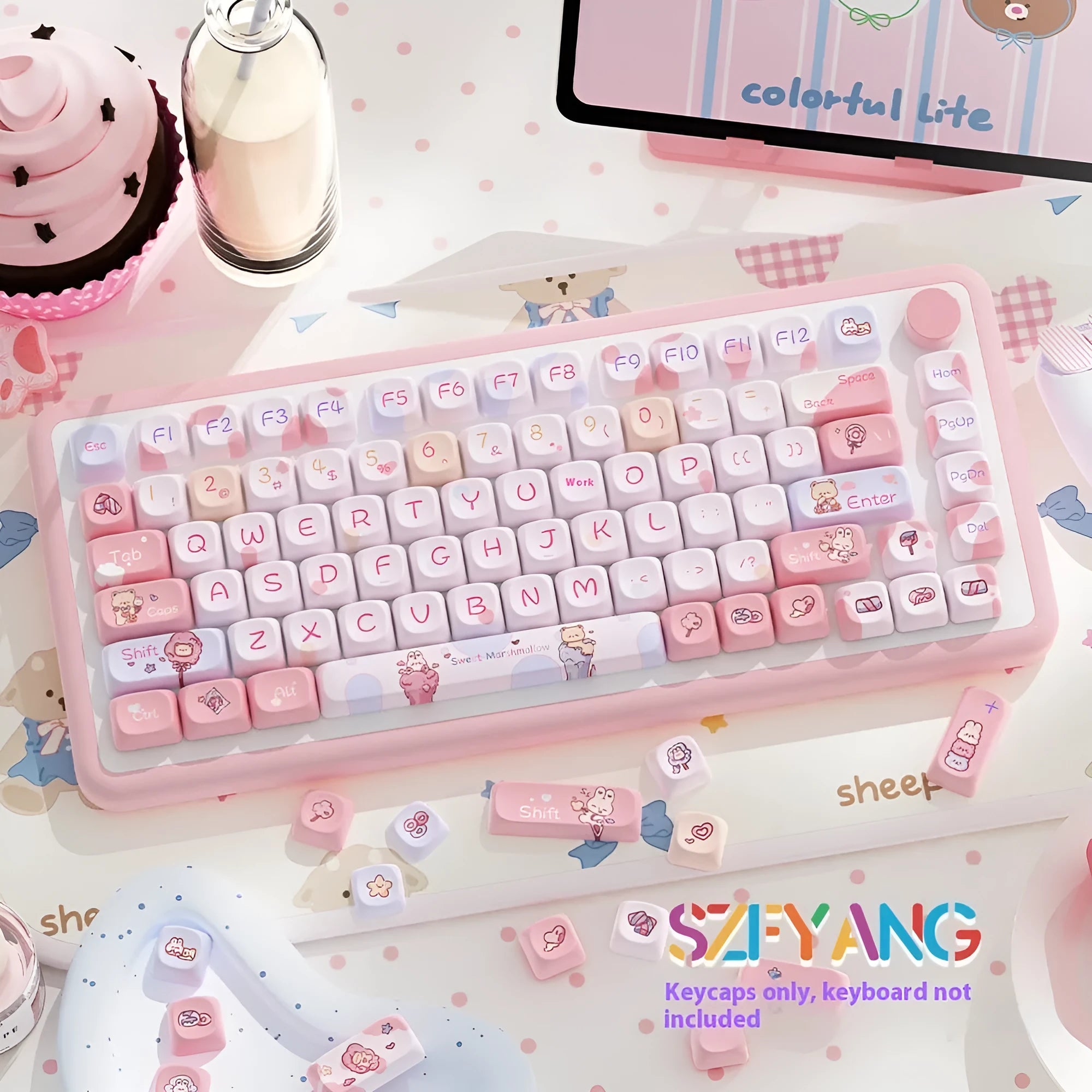 Sweet cotton candy coloured mechanical keyboard keycaps set showing 112-key and 120-key options.