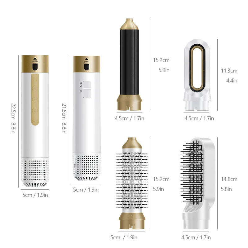 Dark blue and white 6-in-1 electric hot air comb with leather case for hair styling.