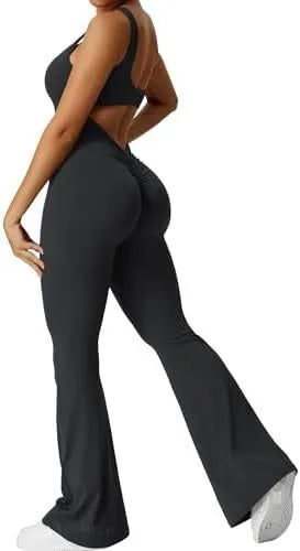 Women's sleeveless flare jumpsuit for yoga and fitness in high-elasticity polyester fabric.
