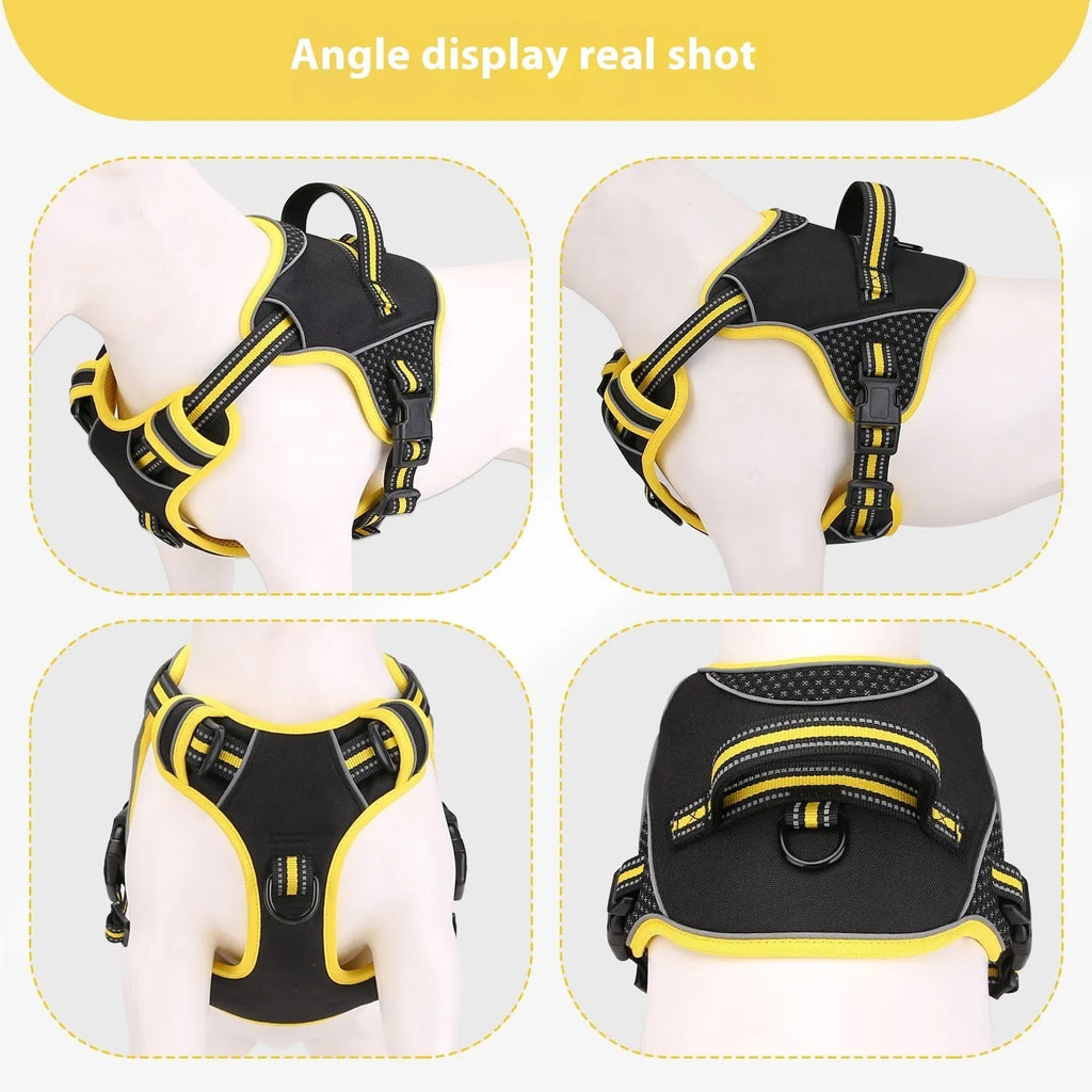 Yellow polyester dog training harness with anti-break loose design shown in S, M, L sizes