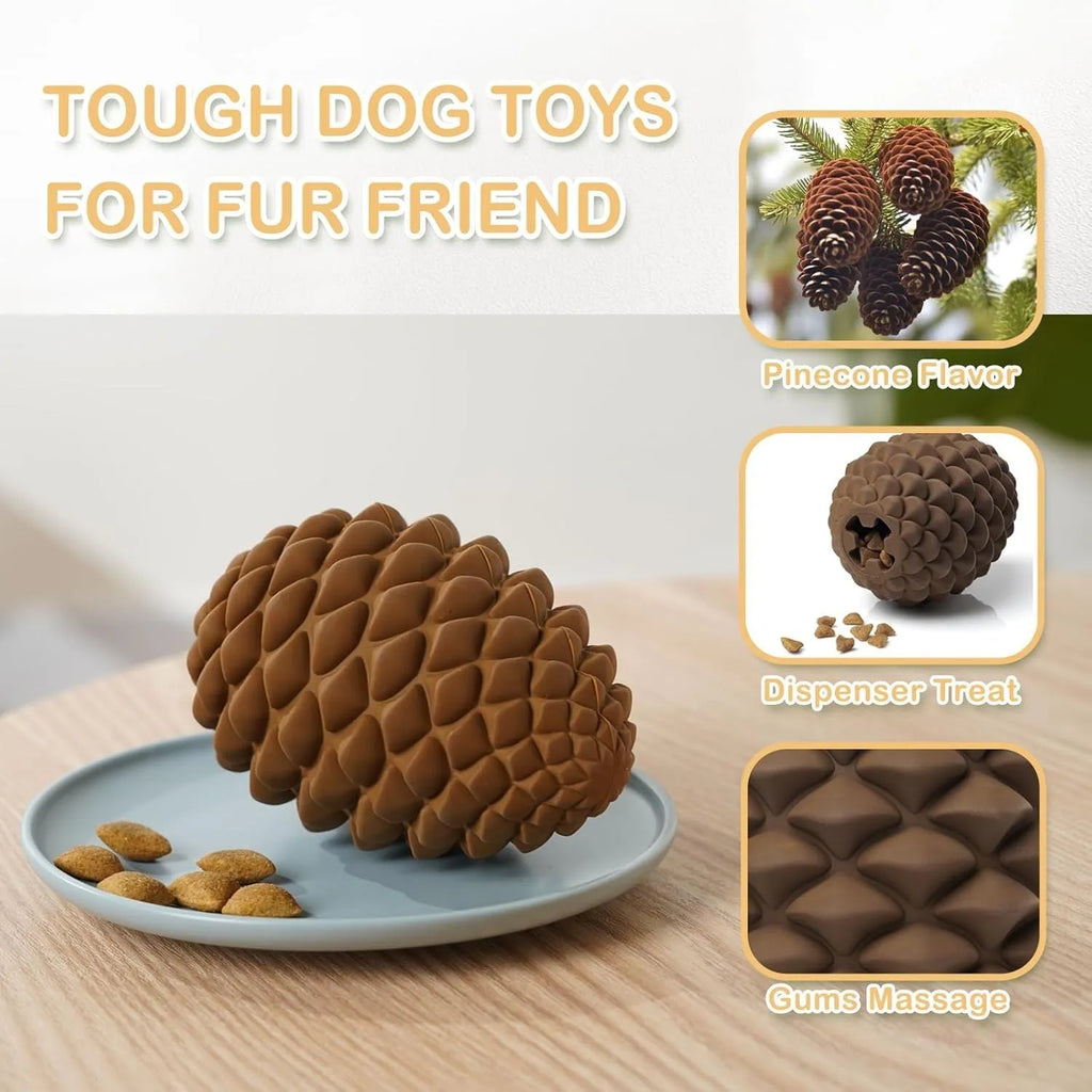 Yellow natural rubber pine cone shaped dog toy with treat dispenser hole