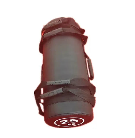 Flat white PVC fitness training sandbag for weight lifting and conditioning exercises.
