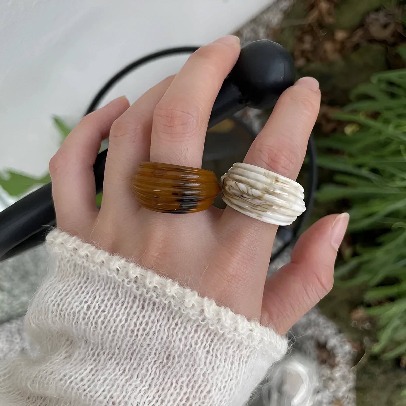 Chinese style irregular geometric resin ring in Maillard Brown, smoky brown or latte white