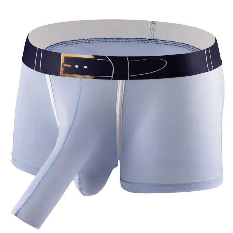 Men's solid colour ice silk boxers in mid-waist design showing grey, black, green, blue colour options