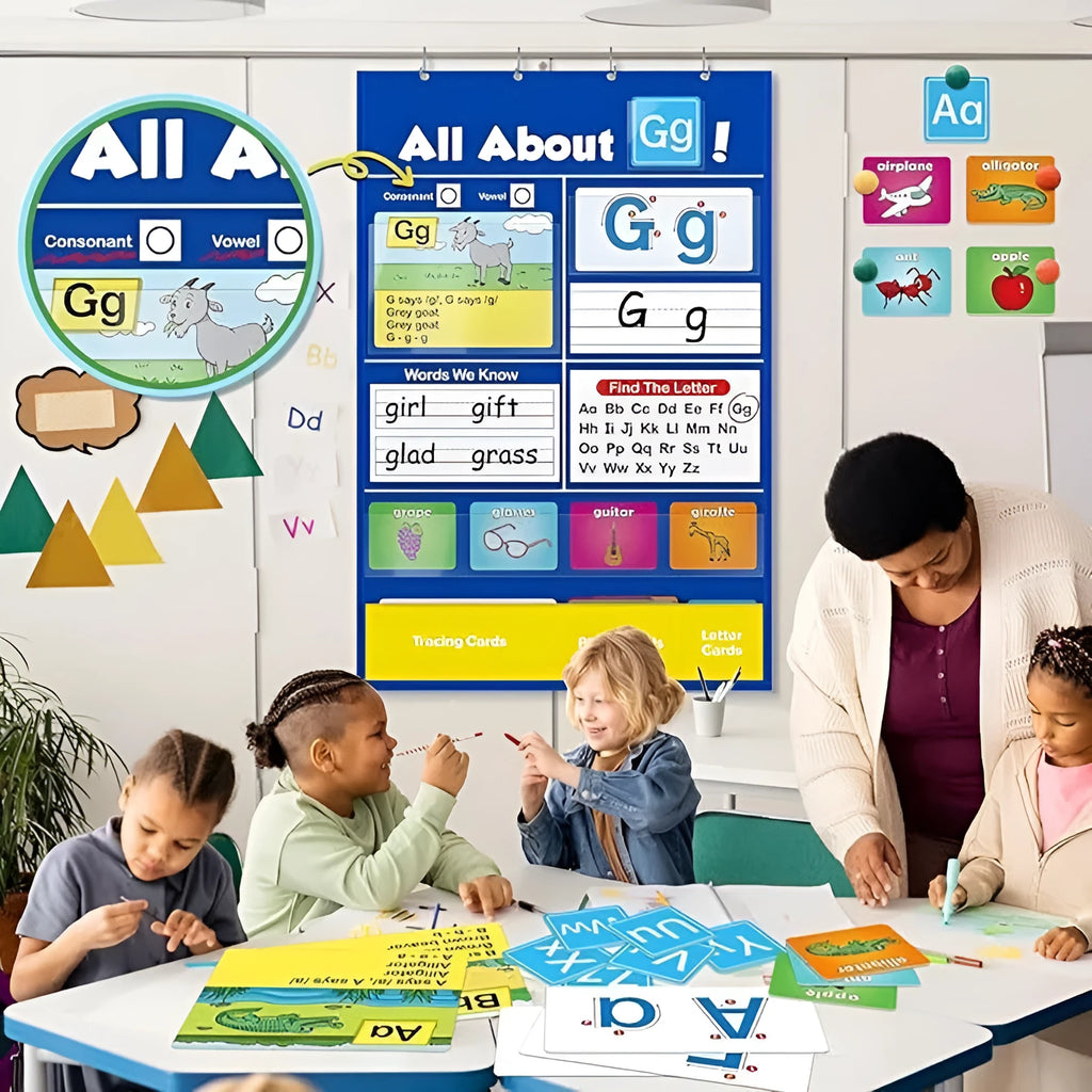Children's alphabet learning sleeve chart with word cards, letter cards and picture cards