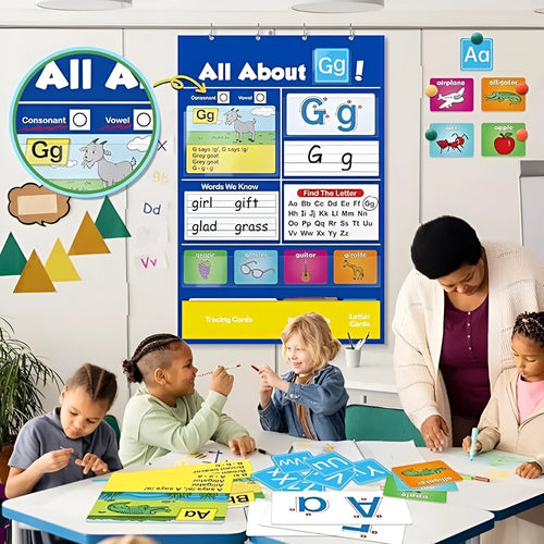 Children's alphabet learning sleeve chart with word cards, letter cards and picture cards