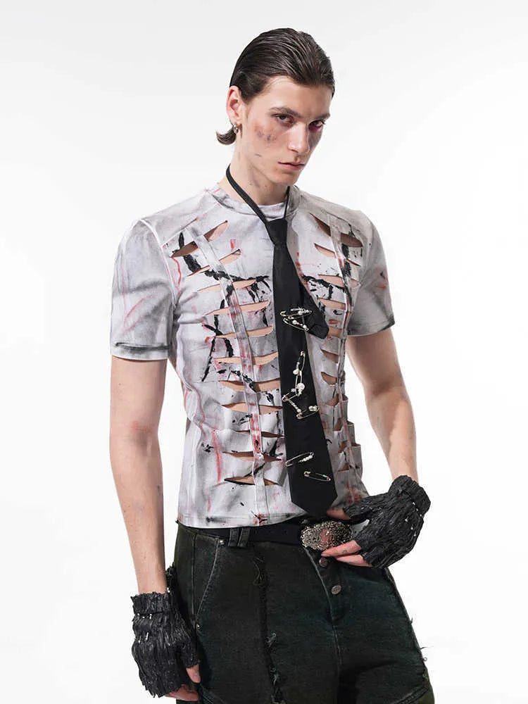 White men's t-shirt with hollow-out cut design on stretch cotton fabric