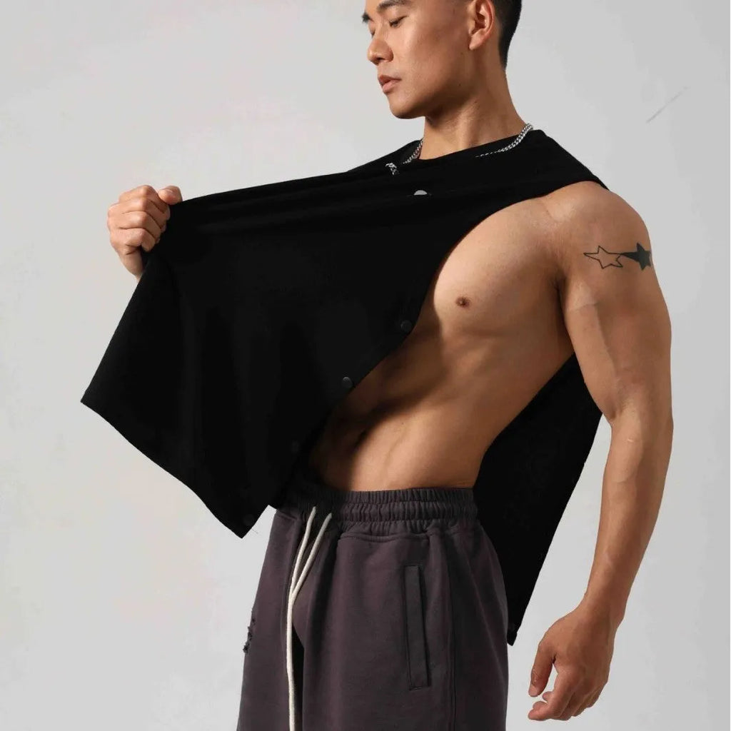 Men's loose cotton fitness vest with hidden hook side openings in black Korean style