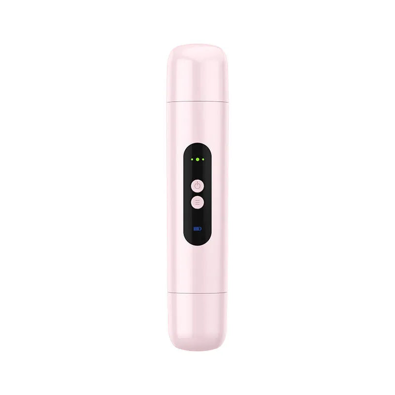 Pink and white electric body hair trimmer with USB charging cable on white background