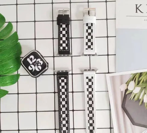 Black and white checker canvas leather strap for Apple Watch 38mm 40mm 41mm 42mm 44mm 45mm