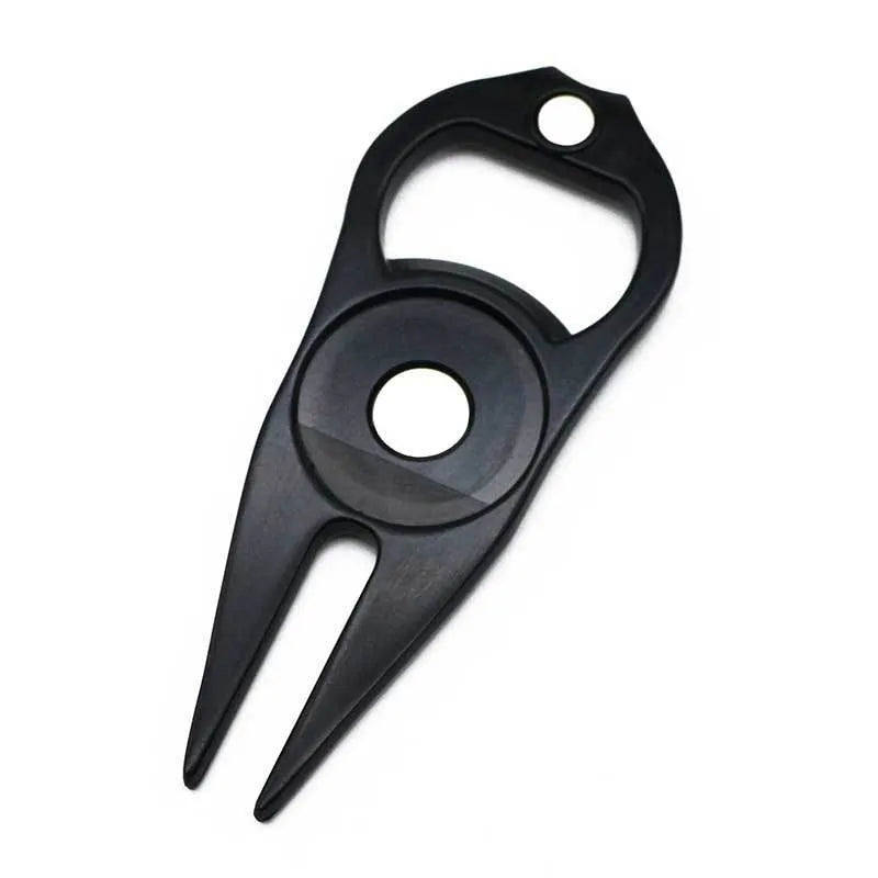Zinc alloy golf accessory with ball yoke, bottle opener, and turf tool functions in black finish
