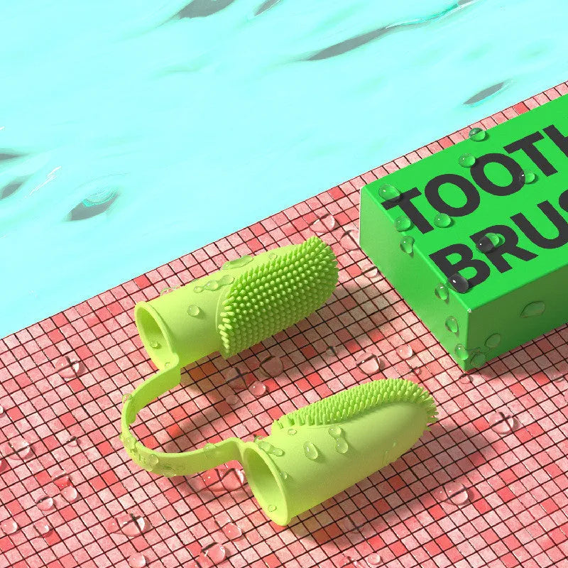 TPR double finger pet toothbrush in pink, blue green, and yellow for dog and cat dental care.